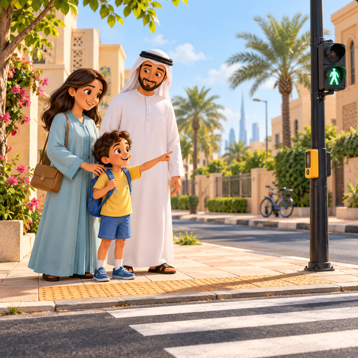 Parents and child on a sunny UAE neighbourhood street