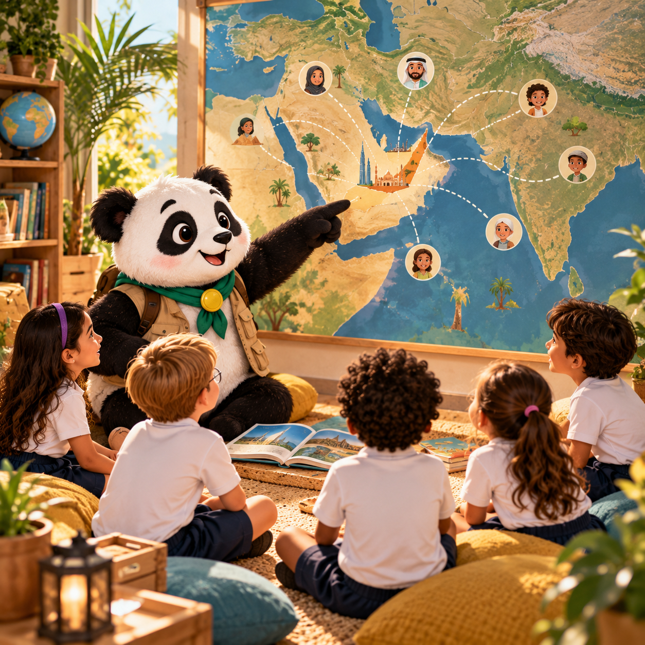 Illustrated map showing the UAE at the centre with children across the GCC